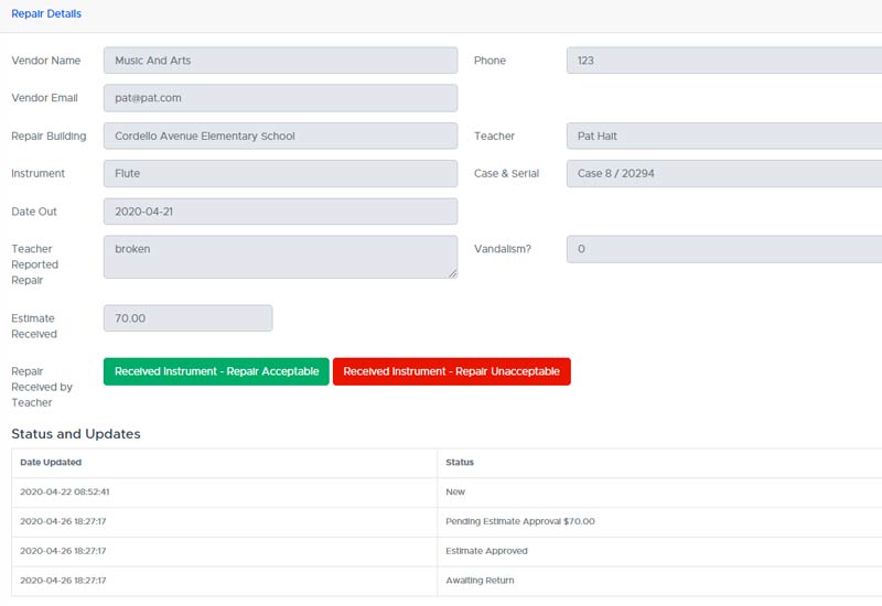 Da Capo Inventory Instrument Repair Tracking